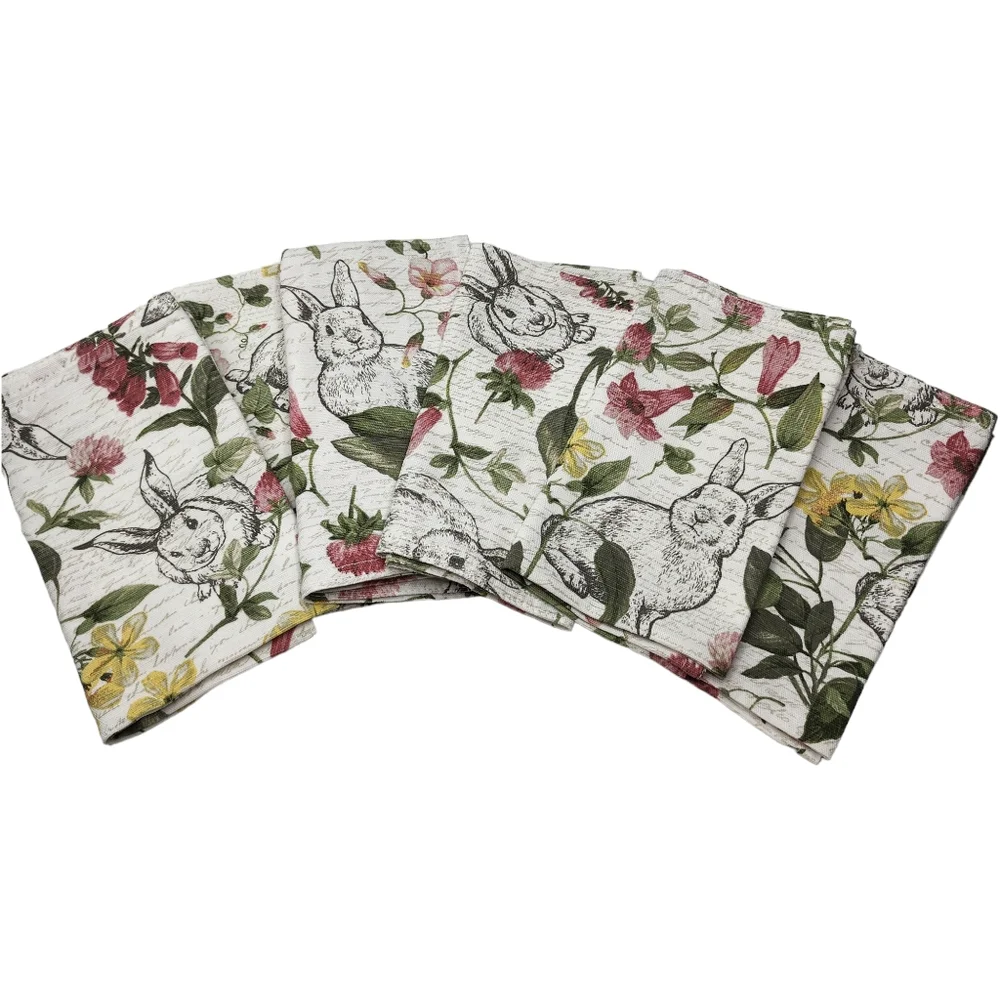 60x75 Oblong Tablecloth and Napkins Set with Flowers and‎ Bunnies Printed - USED